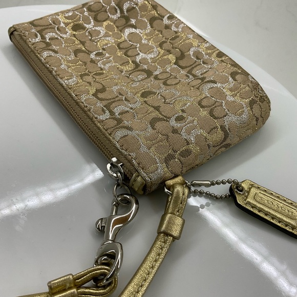 COACH Mini Signature Lurex Small Wristlet Bag Gold/Silver - Picture 4 of 10
